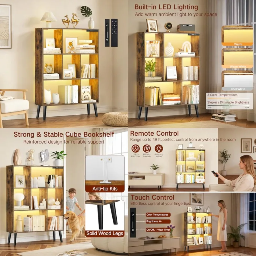 7-Cube Bookshelf with LED Lights, Touch and Remote Control, Freestanding Open Bookcase Storage Shelf, Dimmable Modern Wooden Di
7-Cube Bookshelf with LED Lights, Touch and Remote Control, Freestanding Open Bookcase Storage Shelf, Dimmable Modern Wooden Di