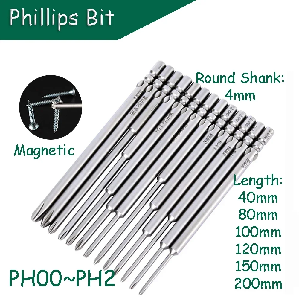 Phillips Screwdriver Bit PH00~PH2 Magnetic 4mm Round Shank S2 Steel 40/80/100/120/150/200mm Length Electric Batch Head Repair
Phillips Screwdriver Bit PH00~PH2 Magnetic 4mm Round Shank S2 Steel 40/80/100/120/150/200mm Length Electric Batch Head Repair