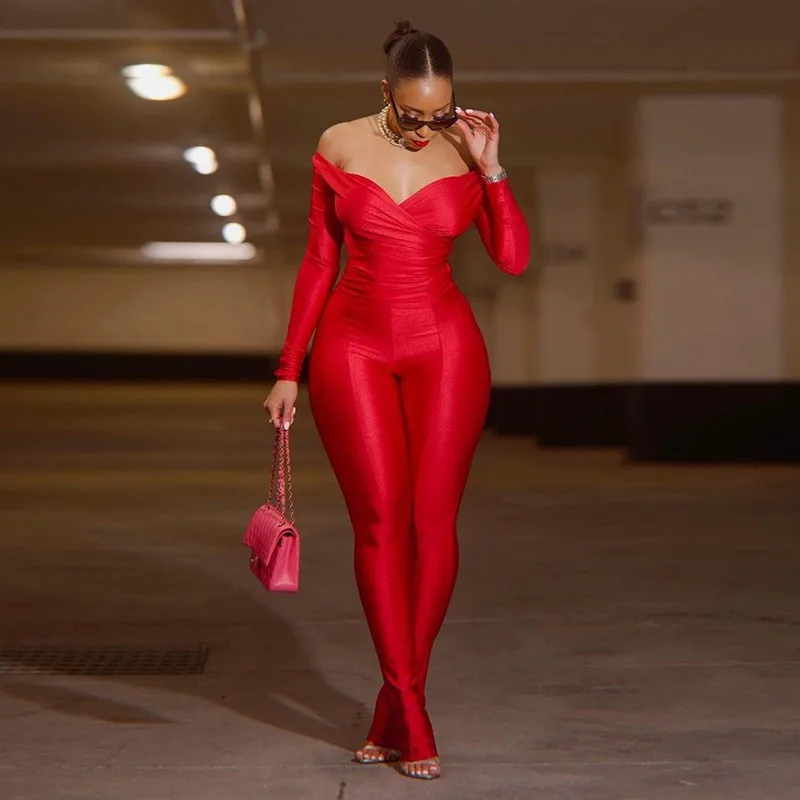 For Woman Jumpsuit Off Shoulder V Neck High Waist Romper Solid Color Shiny Fabric Long Sleeve Black White Red Brown
For Woman Jumpsuit Off Shoulder V Neck High Waist Romper Solid Color Shiny Fabric Long Sleeve Black White Red Brown