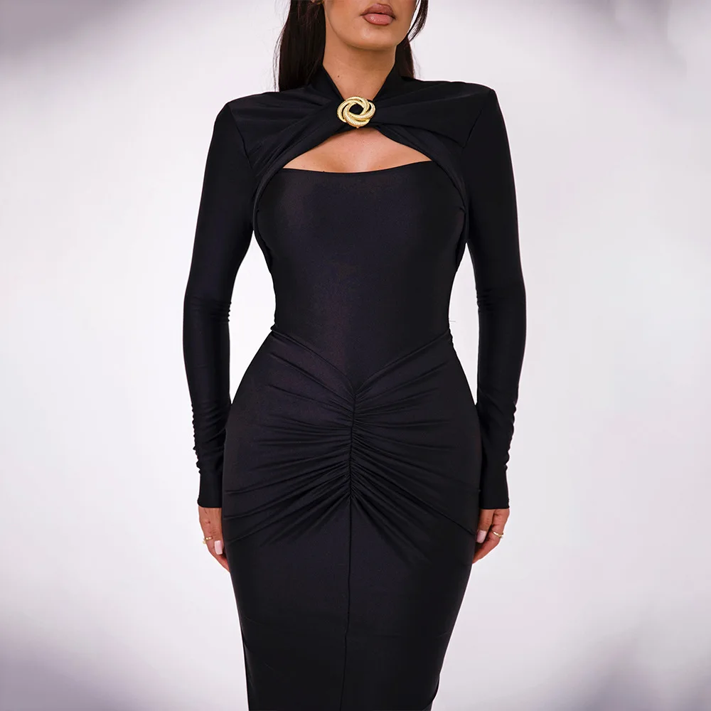 Elegant Long Sleeve Bodycon Maxi Dress With Gold Hardware Cutout Patchwork Party Dress For Women Sexy Gown
Elegant Long Sleeve Bodycon Maxi Dress With Gold Hardware Cutout Patchwork Party Dress For Women Sexy Gown