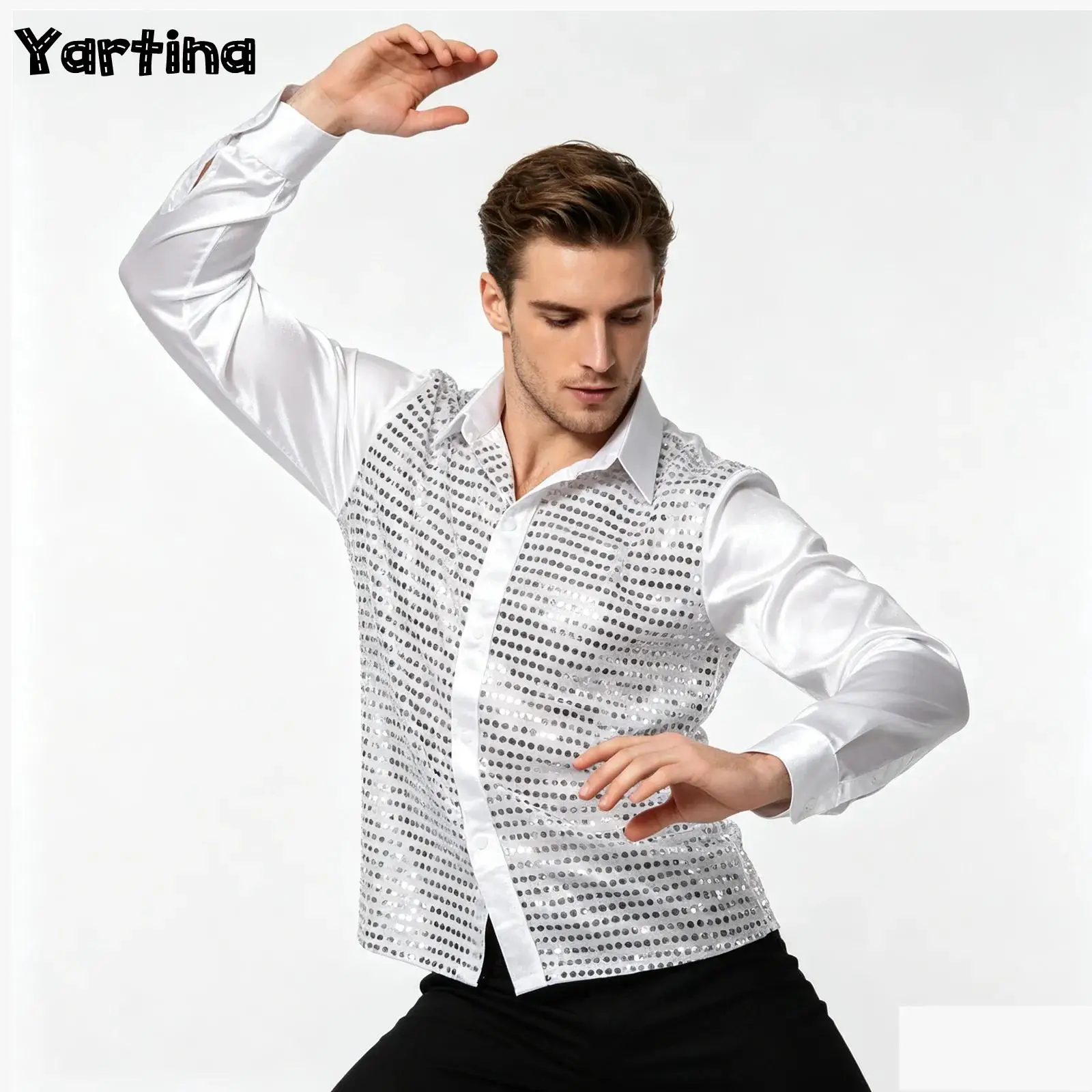 Mens Sparkly Sequin Dance Shirt Latin Jazz Dance Tops Stage Performance Costume Turn-Down Collar Long Sleeve Patchwork Dancewear
Mens Sparkly Sequin Dance Shirt Latin Jazz Dance Tops Stage Performance Costume Turn-Down Collar Long Sleeve Patchwork Dancewear