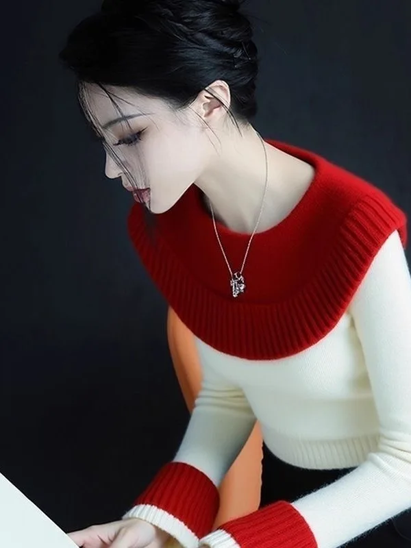 Korean Sle round Ne Knitwear Single Piece Red Splicing High End Feeling Women's Faion Autumn Winter Warm Sweater
Korean Sle round Ne Knitwear Single Piece Red Splicing High End Feeling Women's Faion Autumn Winter Warm Sweater