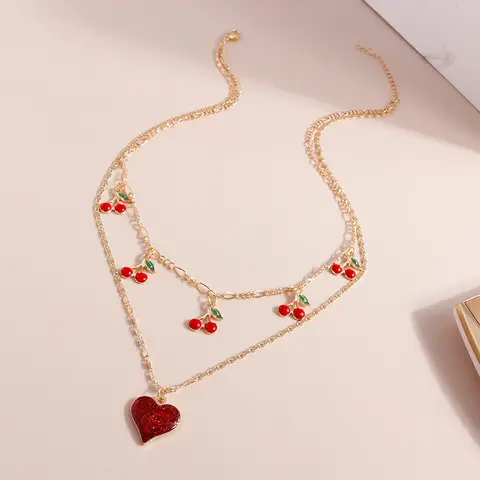 Aihua Boho Gold Color Red Heart Cherry Necklace Romantic Sweet Simple Clavicle Necklaces for Women Collar Fashion Jewelry Gifts
