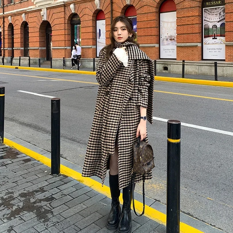 Vintage Houndstooth Woolen Coats for Women, New Wool Windbreaker Jacket, Fashion Overcoat, Loose Scarf, Long, Autumn, Winter
Vintage Houndstooth Woolen Coats for Women, New Wool Windbreaker Jacket, Fashion Overcoat, Loose Scarf, Long, Autumn, Winter