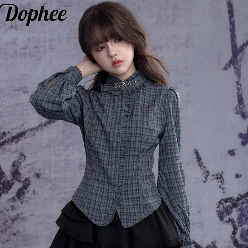 Dophee New Spring Autumn Long Sleeve Women Blouses Buckle Stand Collar Green Plaid Shirts Embroidery Slim Lolita Basic Tops
Dophee New Spring Autumn Long Sleeve Women Blouses Buckle Stand Collar Green Plaid Shirts Embroidery Slim Lolita Basic Tops