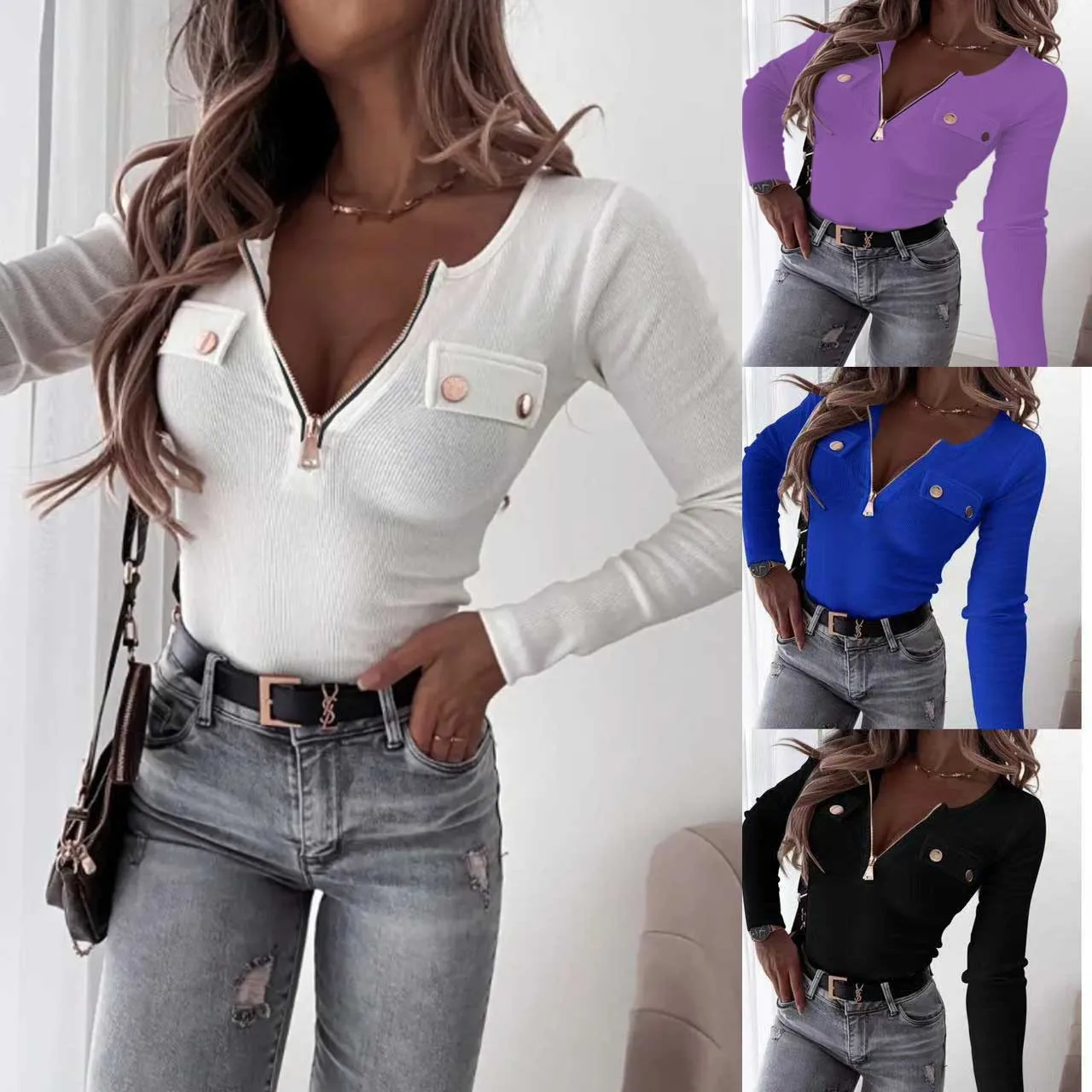 Y2K women's fashion simple slim top new V-neck long-sleeved casual T-shirt elegant zipper autumn and winter threaded knitted top
Y2K women's fashion simple slim top new V-neck long-sleeved casual T-shirt elegant zipper autumn and winter threaded knitted top