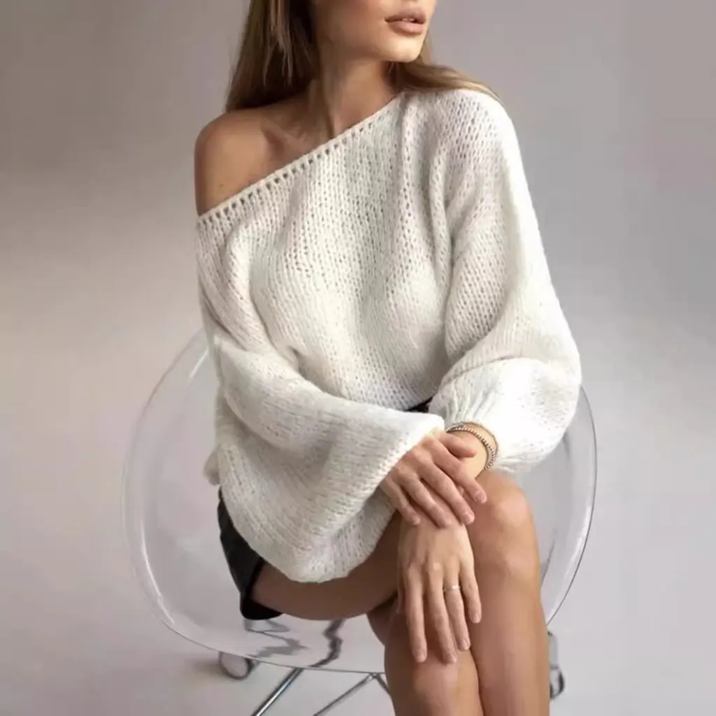 Women's Sexy Strapless Collar Pullover Sweater Solid Color Loose Knitted Sweater for Autumn Winter New
Women's Sexy Strapless Collar Pullover Sweater Solid Color Loose Knitted Sweater for Autumn Winter New