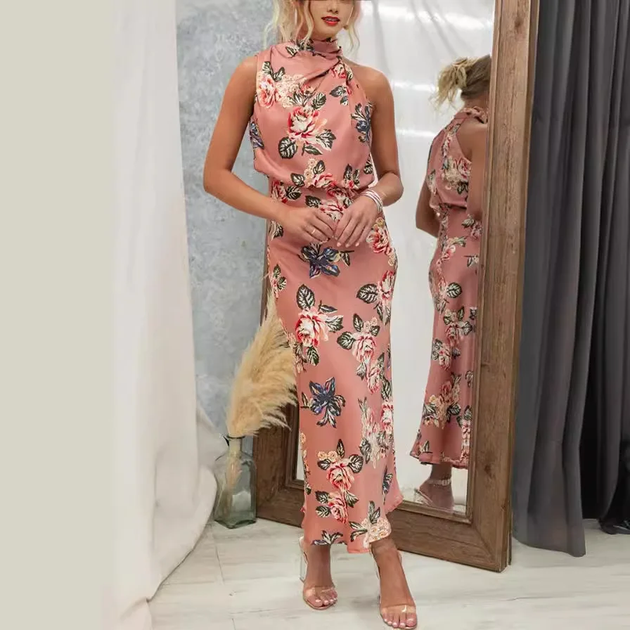 Fashion Sexy Long Dresses For Women's Satin Printed Sleeveless Halter Neck A-line Party Dress Elegant Evening Party Vestidos
Fashion Sexy Long Dresses For Women's Satin Printed Sleeveless Halter Neck A-line Party Dress Elegant Evening Party Vestidos