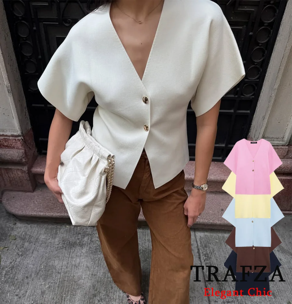 TRAFZA Women Casual Knitted Short Sleeves Tops V-Neck Buttons Slim Tops New 2025 Fashion Summer Holidays Simple Romantic Tops
TRAFZA Women Casual Knitted Short Sleeves Tops V-Neck Buttons Slim Tops New 2025 Fashion Summer Holidays Simple Romantic Tops