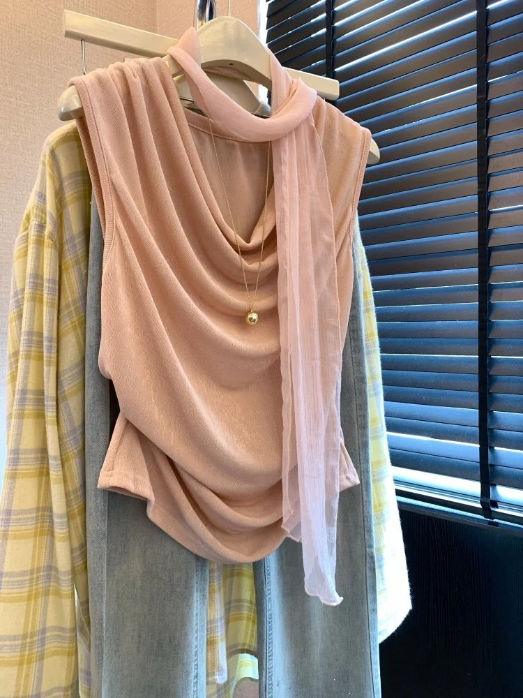 Summer New Sweet Pleated Waist T-Shirt Women's Sleeveless Neck Hanging Sash Korean Style Slim Fit Commute Pure Color Top
Summer New Sweet Pleated Waist T-Shirt Women's Sleeveless Neck Hanging Sash Korean Style Slim Fit Commute Pure Color Top