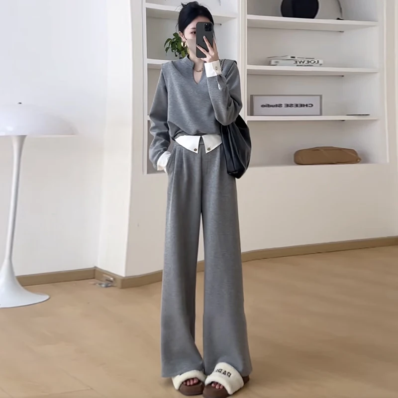 Korean style casual fashion set Autumn design sense smallvgray long sleeve top and wide leg pants two-piece set women
Korean style casual fashion set Autumn design sense smallvgray long sleeve top and wide leg pants two-piece set women
