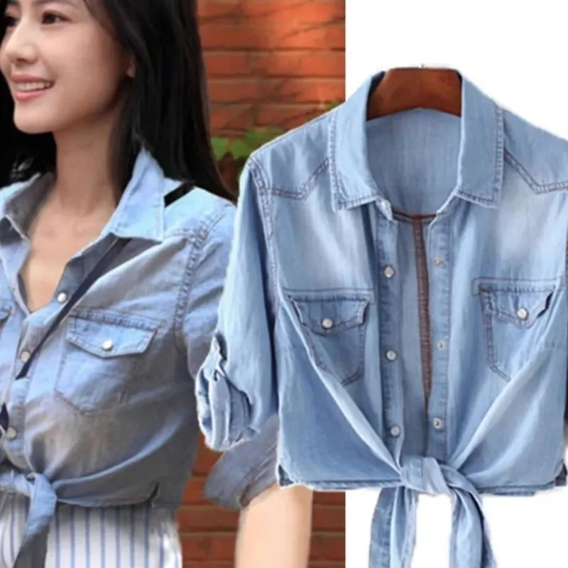 Женская джинсовая рубашка с завязками спереди, укороченная, повседневная, в стиле шрингл
Женская джинсовая рубашка с завязками спереди, укороченная, повседневная, в стиле шрингл