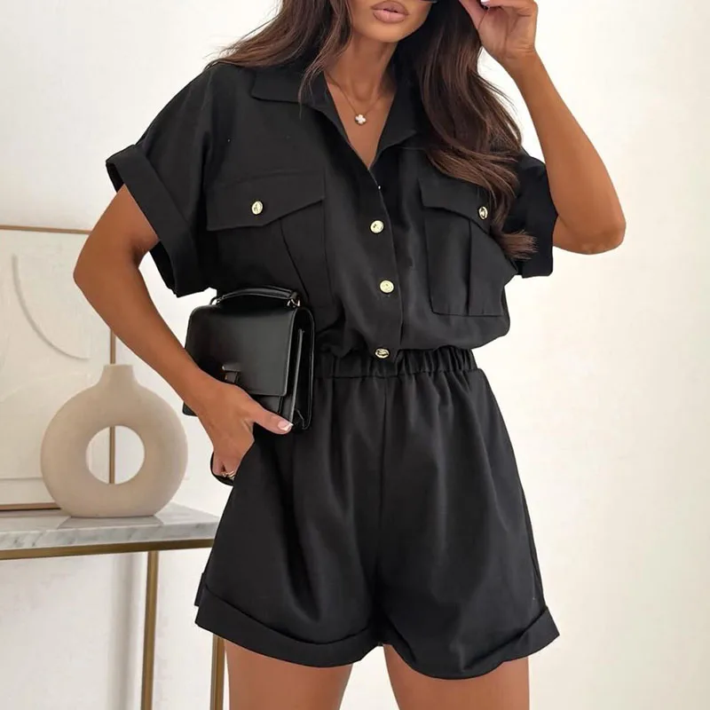 Summer New High Waist Pocket Playsuit Overalls Casual V-neck Short Sleeve Jumpsuits Elegant Lady Button Solid Commute Rompers
Summer New High Waist Pocket Playsuit Overalls Casual V-neck Short Sleeve Jumpsuits Elegant Lady Button Solid Commute Rompers