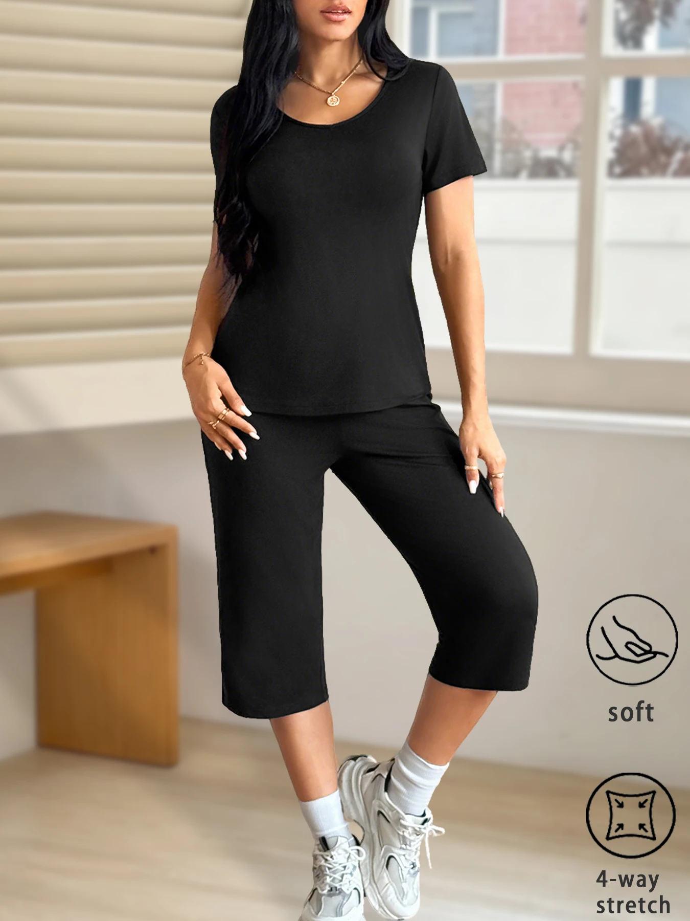 Womens Super Soft Pajama Sets Short Sleeve Top With Capri Pants Sleepwear 2 Piece Lounge Set
Womens Super Soft Pajama Sets Short Sleeve Top With Capri Pants Sleepwear 2 Piece Lounge Set