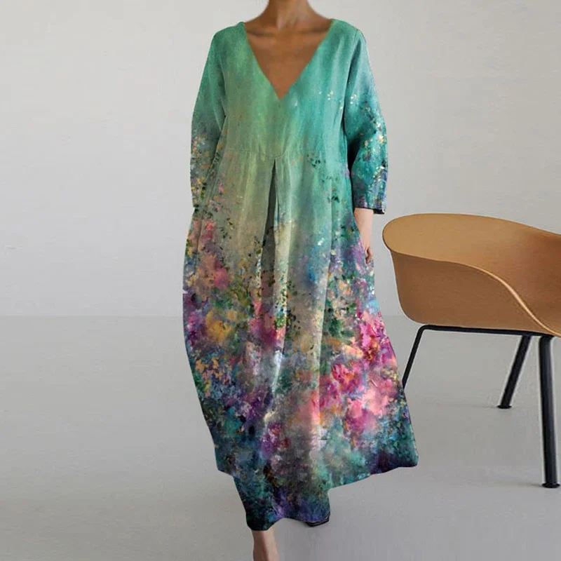 Women's Abstract Floral Print Maxi Dress Spring V Neck Long-sleeved Loose Dress Autumn Pocket Bohemian Resort Long Dress Vestido
Women's Abstract Floral Print Maxi Dress Spring V Neck Long-sleeved Loose Dress Autumn Pocket Bohemian Resort Long Dress Vestido