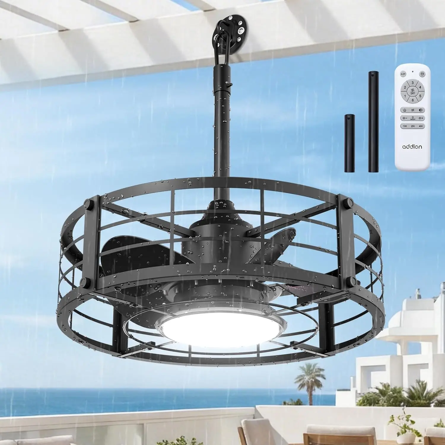 Caged Hanging Ceiling Fan with Light, 20 Inch, IP65 Waterproof, Plug-In, Remote Controlled, 3 Color Temperatures, 6 Speeds, Reversible Motor for Outdoor Use: Patio, Pergola, Gazebo, Porch
Caged Hanging Ceiling Fan with Light, 20 Inch, IP65 Waterproof, Plug-In, Remote Controlled, 3 Color Temperatures, 6 Speeds, Reversible Motor for Outdoor Use: Patio, Pergola, Gazebo, Porch