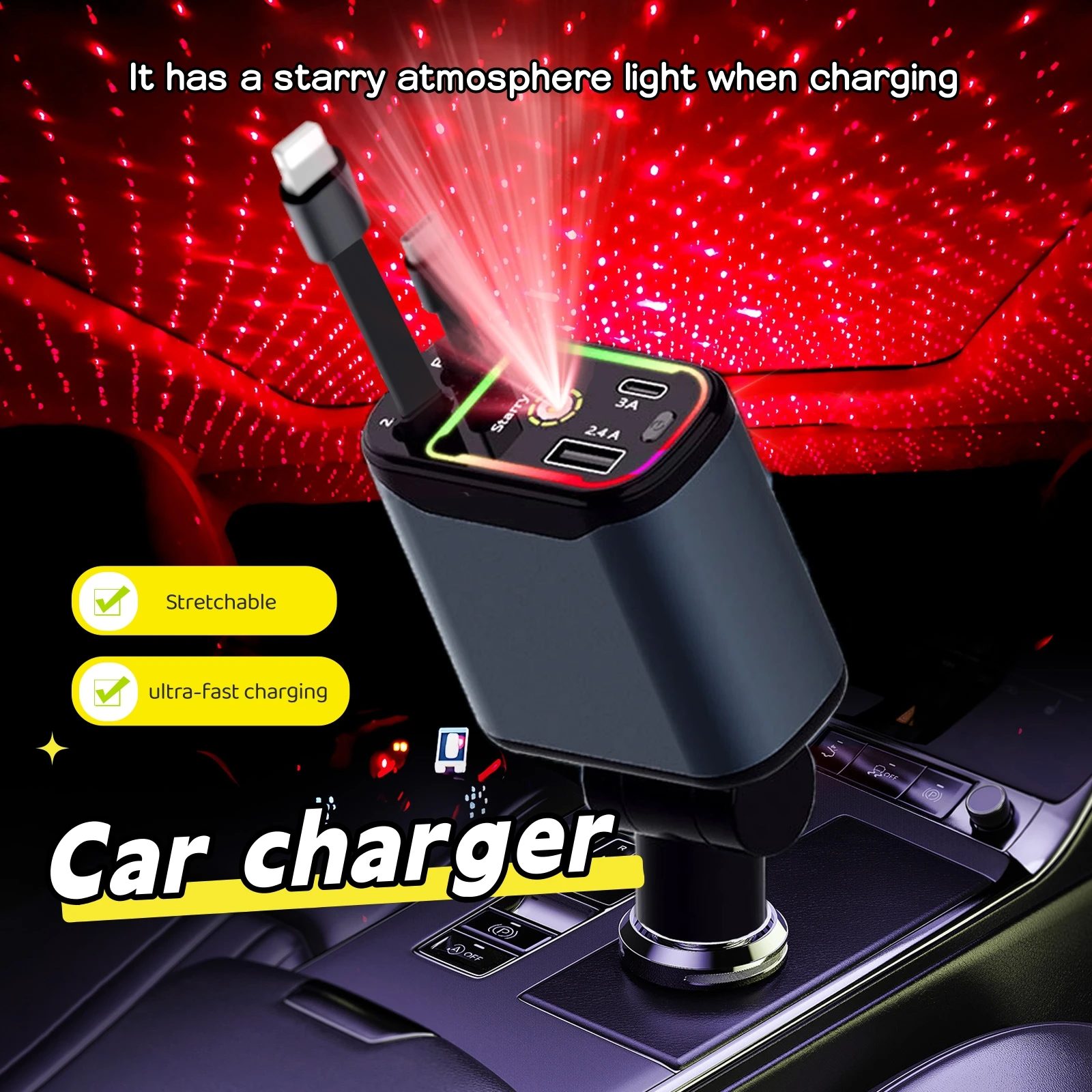 Upgraded Retractable Car Charger 4 in 1, 66W Fast Charging 2.4A Voltage Display Dual Cables for iPhone & Android Accessories
Upgraded Retractable Car Charger 4 in 1, 66W Fast Charging 2.4A Voltage Display Dual Cables for iPhone & Android Accessories