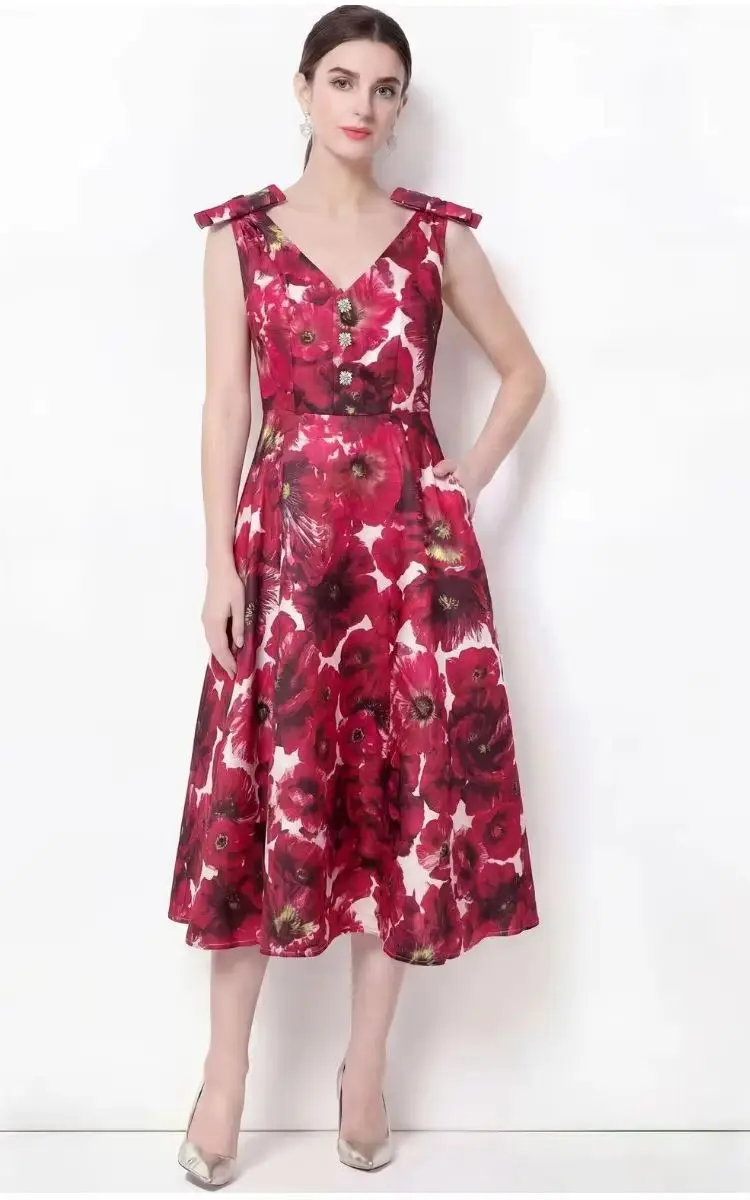 Summer Floral Print Spaghetti Strap V-Neck Beach Dress for Women with Diamond Buttons A-Line Holiday Party Dress
Summer Floral Print Spaghetti Strap V-Neck Beach Dress for Women with Diamond Buttons A-Line Holiday Party Dress