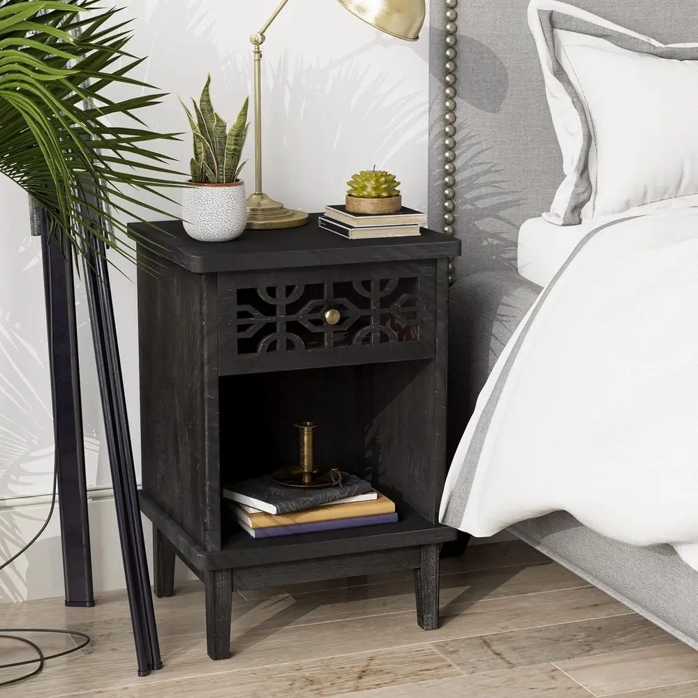 Rustic Hand-Carved Nightstand with Open Shelf - Distressed Black, Boho Chic, French Country Style
Rustic Hand-Carved Nightstand with Open Shelf - Distressed Black, Boho Chic, French Country Style