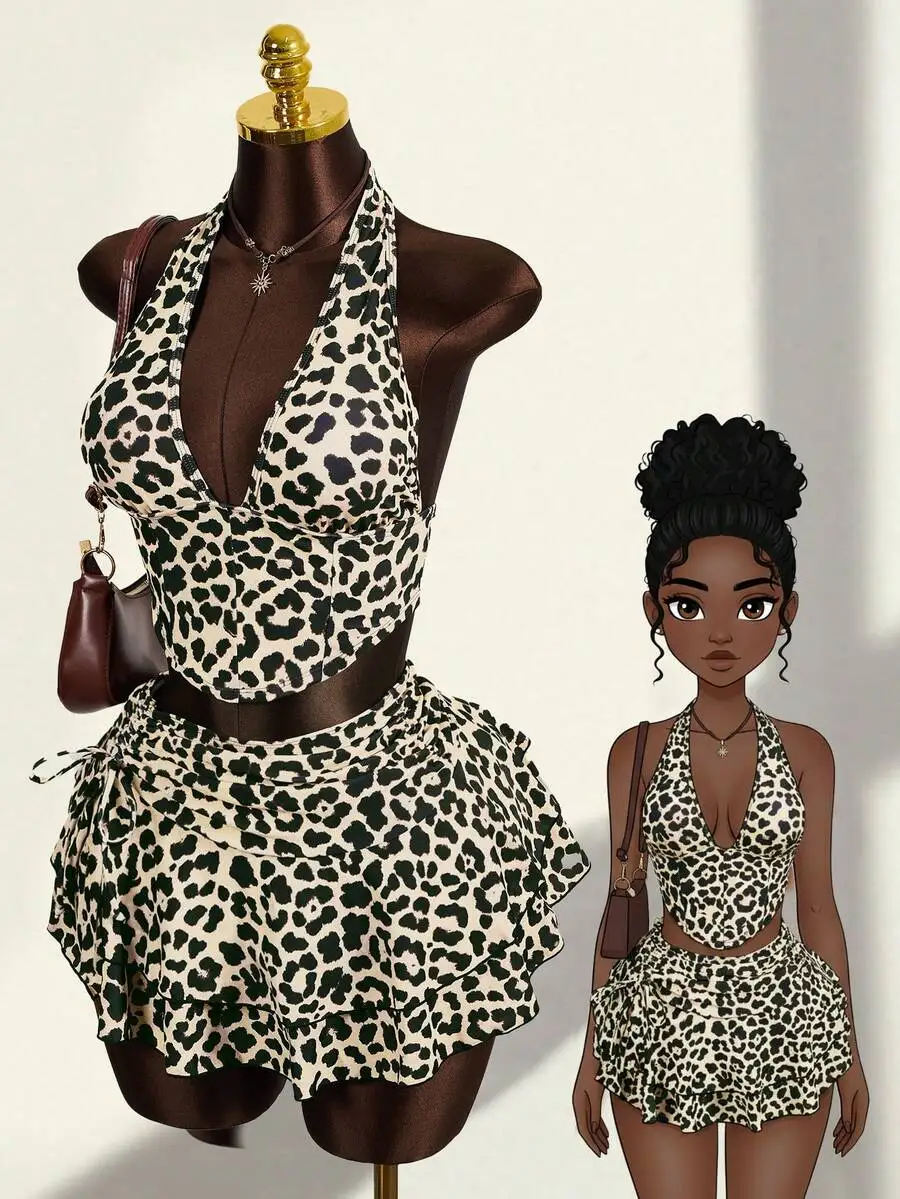 Womens Leopard Print Deep V-Neck Two Piece Beach Set Ruffled Skirt Camisole Vacation Party Wear
Womens Leopard Print Deep V-Neck Two Piece Beach Set Ruffled Skirt Camisole Vacation Party Wear