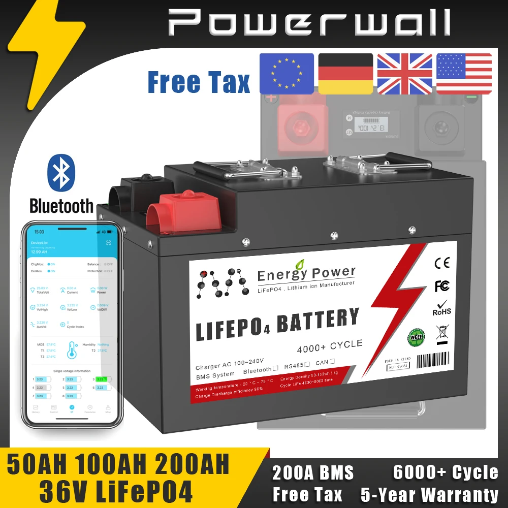 36V 50Ah 100Ah 200Ah LiFePO4 Battery Pack Bluetooth BMS 36V Lithium Iron Phosphate Batteries Electric Bicycle Golf Cart Scooter
36V 50Ah 100Ah 200Ah LiFePO4 Battery Pack Bluetooth BMS 36V Lithium Iron Phosphate Batteries Electric Bicycle Golf Cart Scooter