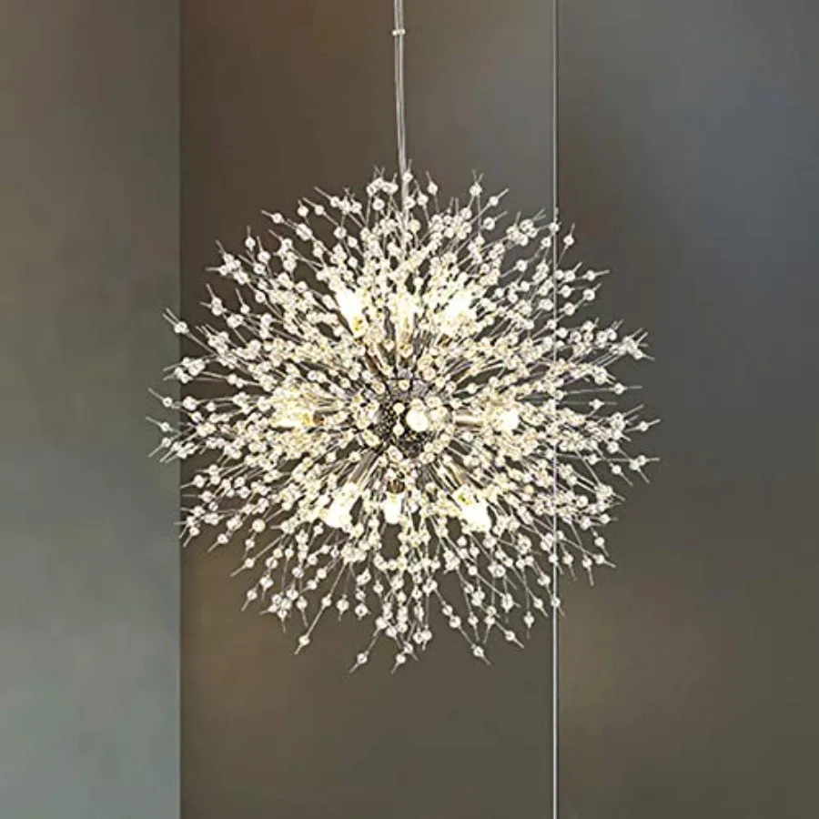 Modern Dandelion Firework Chandelier in Chrome with Crystal Accents, 9-Light Pendant Fixture for Bathroom, Dining Room, Bedroom
Modern Dandelion Firework Chandelier in Chrome with Crystal Accents, 9-Light Pendant Fixture for Bathroom, Dining Room, Bedroom