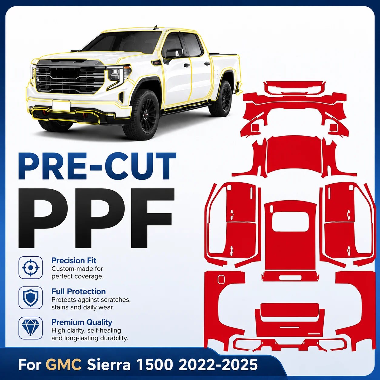 For GMC Sierra 1500 2022-2025 TPU Bumper Hood Pre-cut PPF Clear Paint Protective Film Custom Anti Scratch Self Healing Shield
For GMC Sierra 1500 2022-2025 TPU Bumper Hood Pre-cut PPF Clear Paint Protective Film Custom Anti Scratch Self Healing Shield