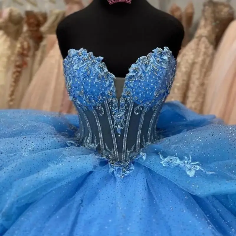 Princess Blue Quinceanera Dress Ball Gown Shiny Applique Beaded Tiered Mexican Corset Sweet 16 Vestidos De 15 Anos
Princess Blue Quinceanera Dress Ball Gown Shiny Applique Beaded Tiered Mexican Corset Sweet 16 Vestidos De 15 Anos