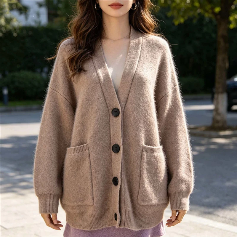 Women's Khaki Fuzzy Mink Cashmere Cardigan Loose V-Neck Button Down Knit Sweater Coat Fluffy Angora Outerwear Jackets Pockets
Women's Khaki Fuzzy Mink Cashmere Cardigan Loose V-Neck Button Down Knit Sweater Coat Fluffy Angora Outerwear Jackets Pockets