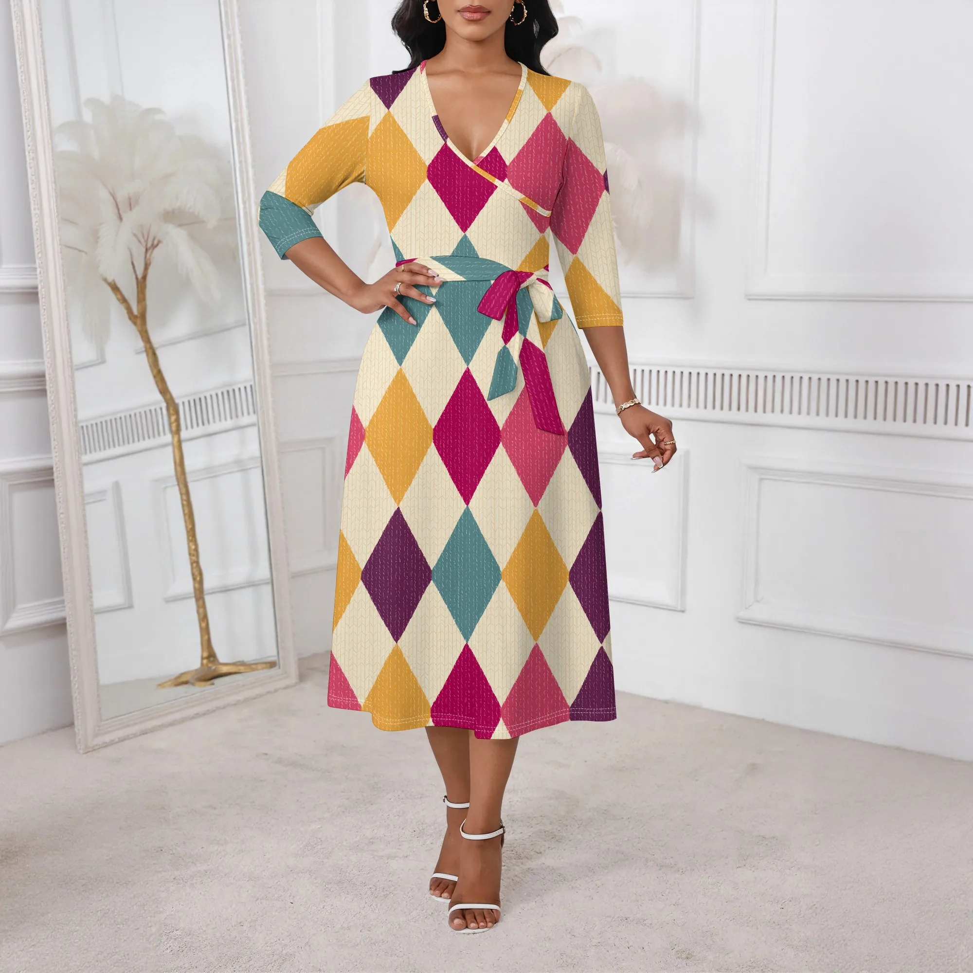 Retro Argyle Wrap Dress XS-3XL V-Neck Belted A-Line 3/4 Sleeve Style for Thanksgiving, Art Party or Holiday Gathering Look
Retro Argyle Wrap Dress XS-3XL V-Neck Belted A-Line 3/4 Sleeve Style for Thanksgiving, Art Party or Holiday Gathering Look