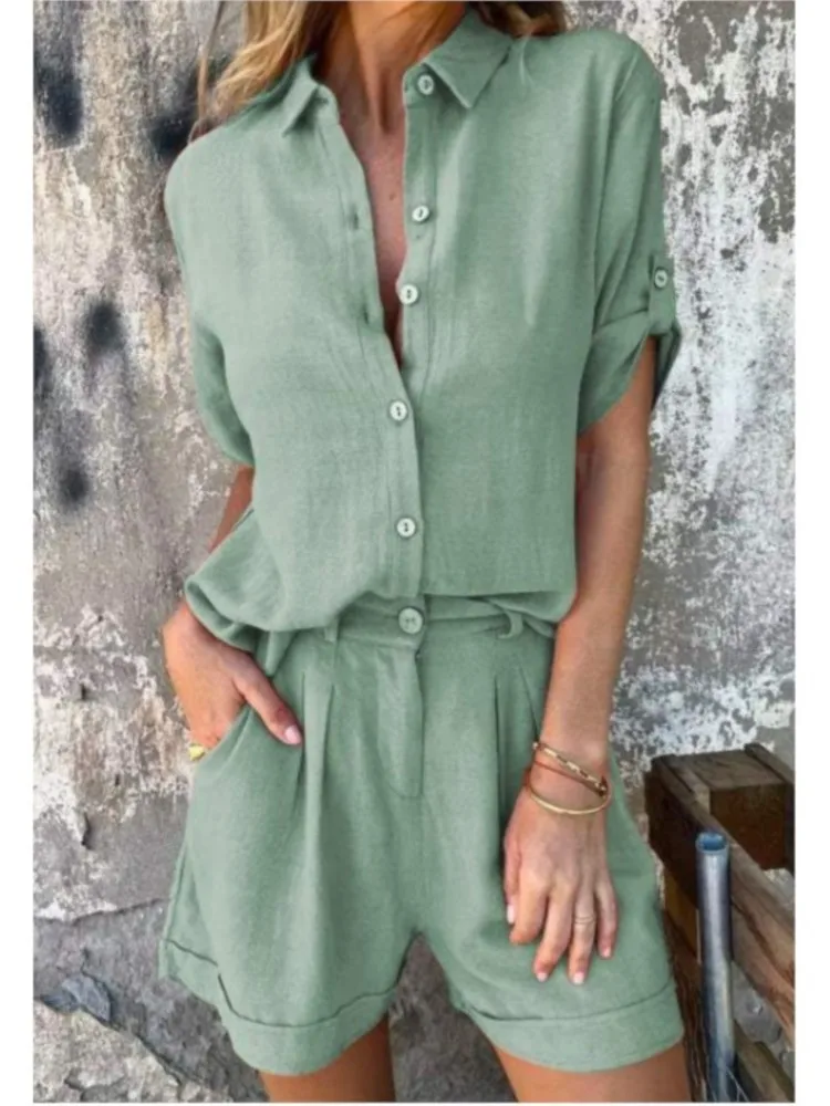 Summer Two Piece Set New Spring Cotton Linen Shorts Casual Suit For Women Office Lady Loose Solid Short Sleeve Shirt Sets Women
Summer Two Piece Set New Spring Cotton Linen Shorts Casual Suit For Women Office Lady Loose Solid Short Sleeve Shirt Sets Women