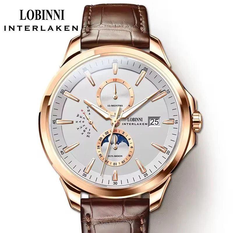 LOBINNI Rose Golden Elegant Moon Phase Design Calendar Display Brown Leather Mens Watch Brand Luxury Automatic Mechanical Watch
LOBINNI Rose Golden Elegant Moon Phase Design Calendar Display Brown Leather Mens Watch Brand Luxury Automatic Mechanical Watch