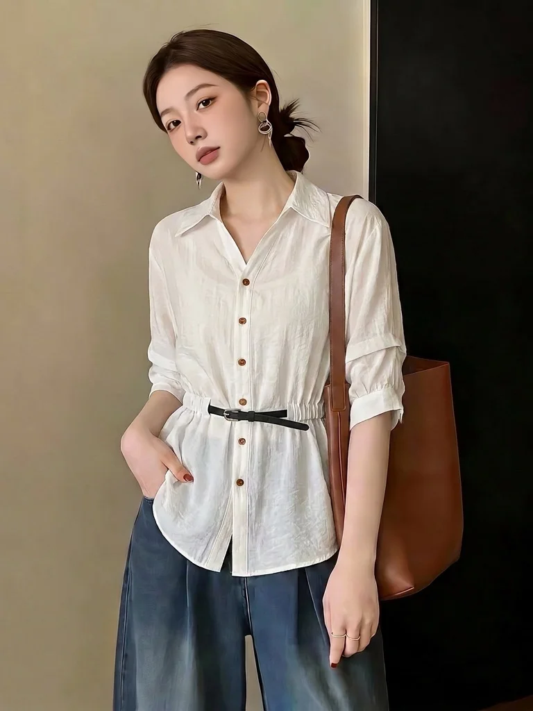 Elegant White V-Neck Short Sleeve Shirt Women's plus Size Mid-Length Slim Fit Top Korean Style Commute Fashion Loose Fit
Elegant White V-Neck Short Sleeve Shirt Women's plus Size Mid-Length Slim Fit Top Korean Style Commute Fashion Loose Fit