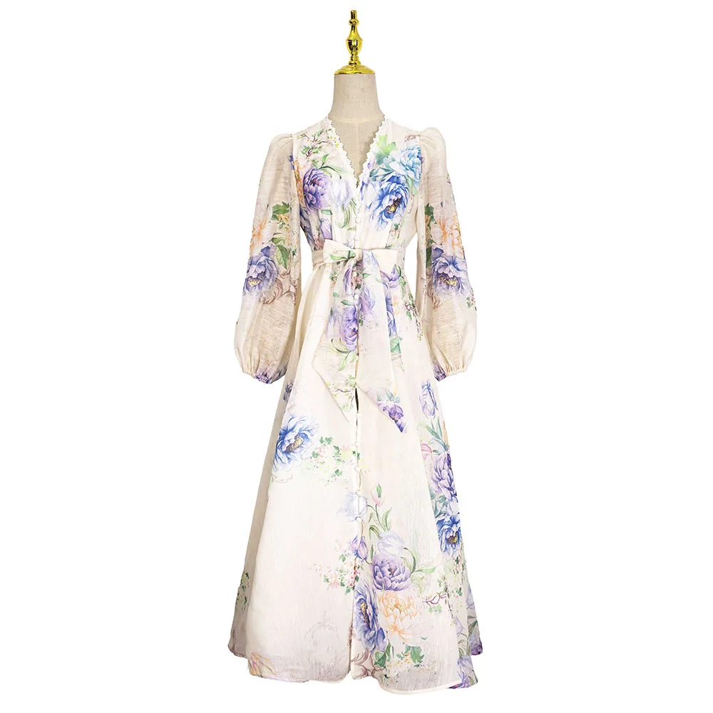 Summer Lace Splice Flower Long Dress V-Neck Lantern Sleeve Women's Maxi Party Vestidos Single Breasted Belt Holiday
Summer Lace Splice Flower Long Dress V-Neck Lantern Sleeve Women's Maxi Party Vestidos Single Breasted Belt Holiday