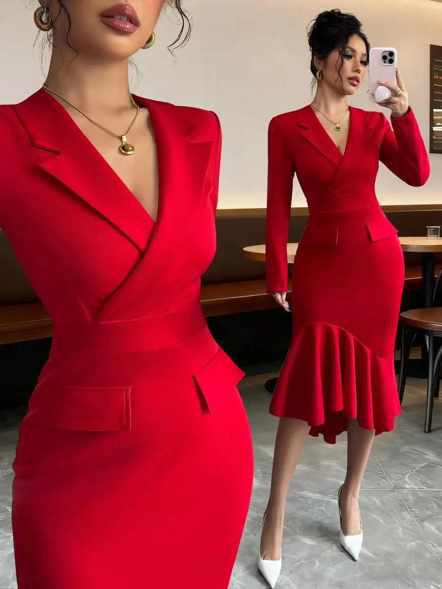 Red Women's Blazer Collar Long Sleeve Wrap Dress with Fishtail Hem
Red Women's Blazer Collar Long Sleeve Wrap Dress with Fishtail Hem