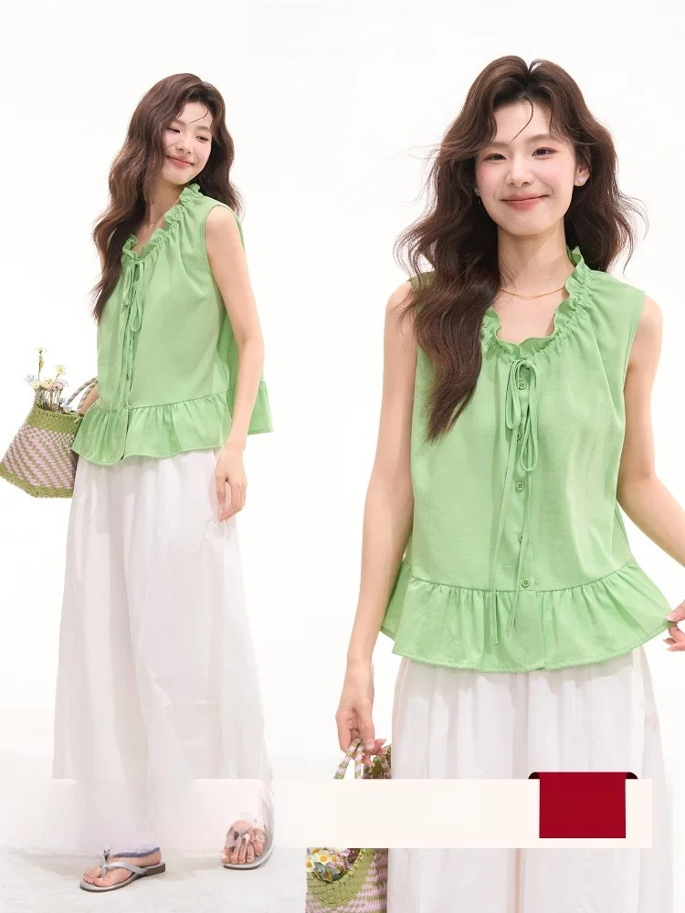 Heme Summer Sleeveless Shirt Women's Drawstring Tie Blouse Loose Knitted Cotton Blend Short Sleeve Fashion Girl Style Top
Heme Summer Sleeveless Shirt Women's Drawstring Tie Blouse Loose Knitted Cotton Blend Short Sleeve Fashion Girl Style Top