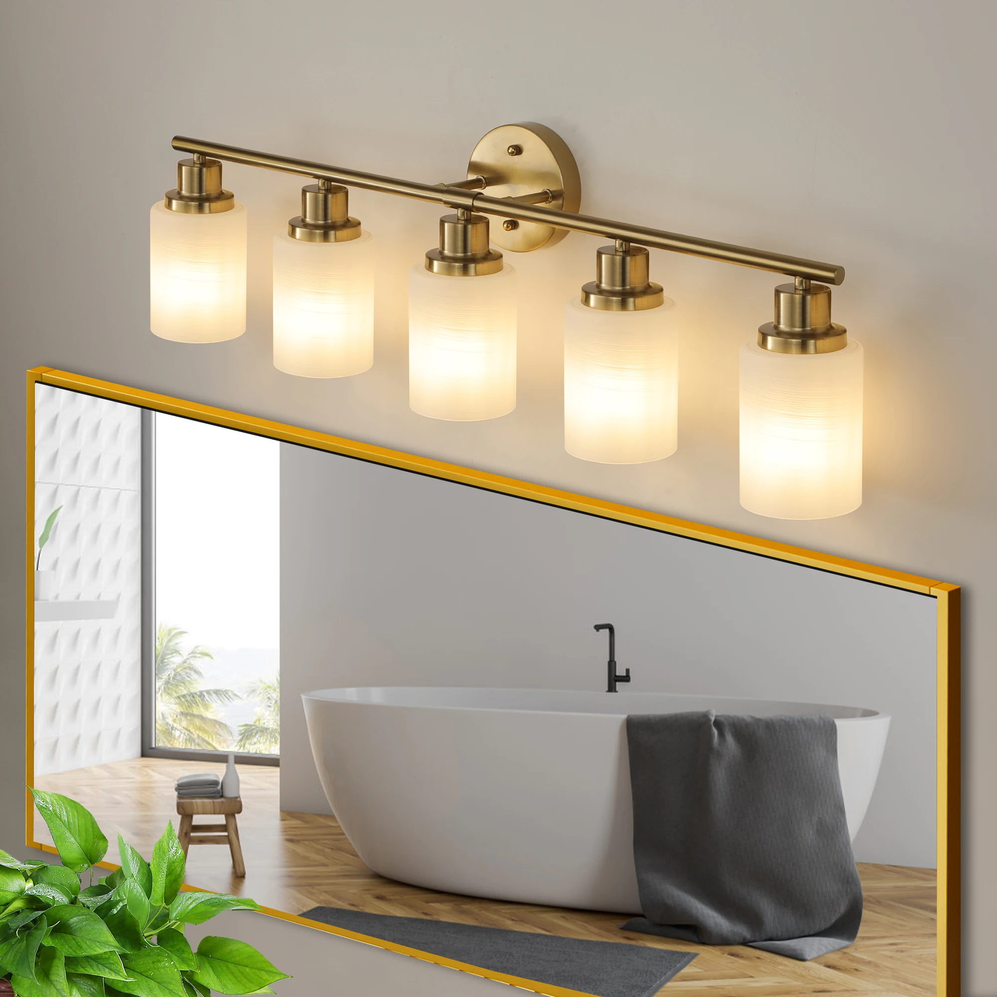 5-Light Golden Bathroom Vanity Light Fixture, Frosted Glass Shades, Modern Wall Mounted Lighting (No Bulbs)
5-Light Golden Bathroom Vanity Light Fixture, Frosted Glass Shades, Modern Wall Mounted Lighting (No Bulbs)