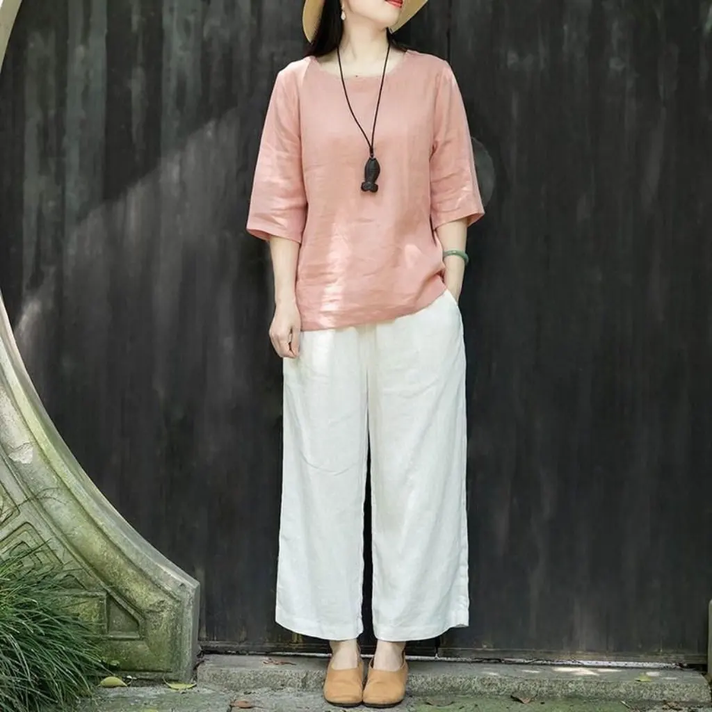 Летняя художественная женская футболка с круглым вырезом, дизайн рами, хлопок и лен, половина рукава, свободный крой, элегантный топ в стиле ретро
Летняя художественная женская футболка с круглым вырезом, дизайн рами, хлопок и лен, половина рукава, свободный крой, элегантный топ в стиле ретро