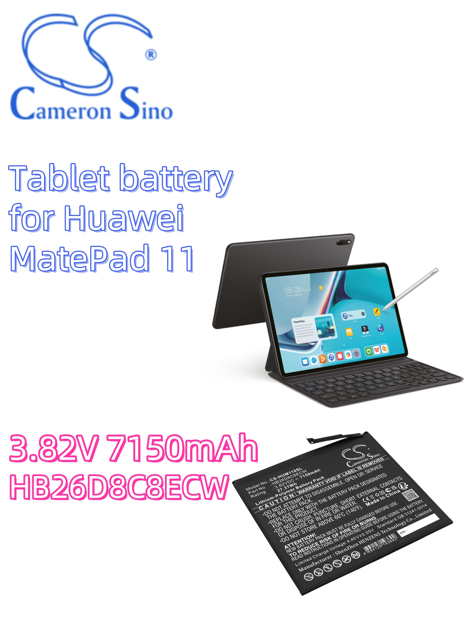 Аккумулятор Cameron Sino, батареи для планшета 3,82 в, 7150 мАч для Huawei MatePad 11 DBY-W09 HB26D8C8ECW CS-HUM110SL
Аккумулятор Cameron Sino, батареи для планшета 3,82 в, 7150 мАч для Huawei MatePad 11 DBY-W09 HB26D8C8ECW CS-HUM110SL