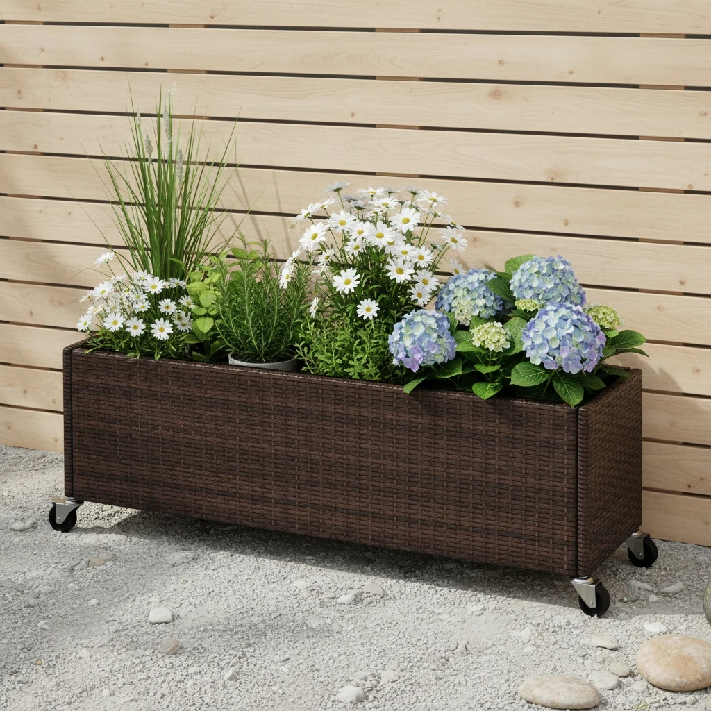 Easy-Care Rolling Planter Box | Locking Wheels & Removable Liner, PE Wicker Raised Bed Perfect for Indoor/Outdoor Gardening
Easy-Care Rolling Planter Box | Locking Wheels & Removable Liner, PE Wicker Raised Bed Perfect for Indoor/Outdoor Gardening