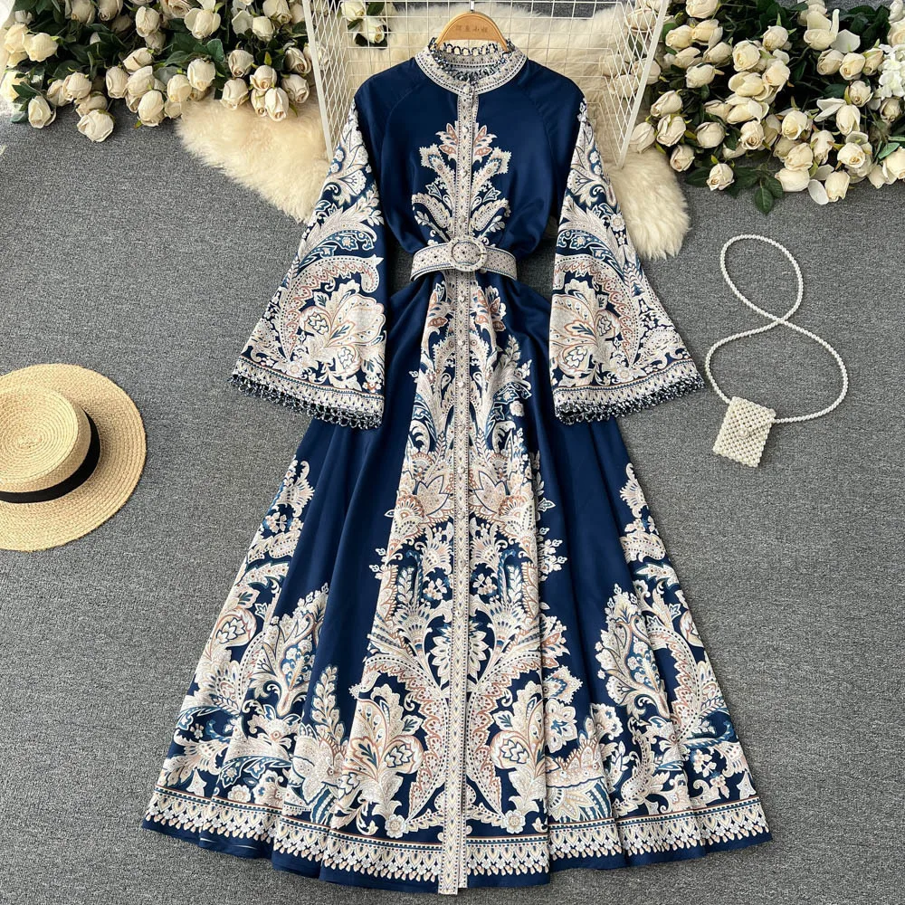 Spring new style printed round neck flare sleeve dress Women's single breasted large hem irregular pleated long skirt
Spring new style printed round neck flare sleeve dress Women's single breasted large hem irregular pleated long skirt