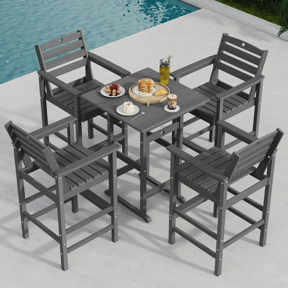 5-Piece Bar Height Outdoor Table and Chairs Set, HDPE Wood Grain Patio Bar Table and Chairs with Heart Cutout Design, Weather-Re 
5-Piece Bar Height Outdoor Table and Chairs Set, HDPE Wood Grain Patio Bar Table and Chairs with Heart Cutout Design, Weather-Re