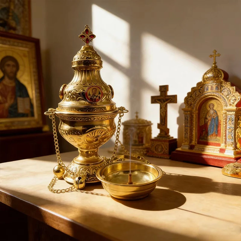 Gold Plated Catholic Orthodox Hanging Censer with Saint Icon Medals, Bells and Enamel Cross Top for Church Home Altar Devotion
Gold Plated Catholic Orthodox Hanging Censer with Saint Icon Medals, Bells and Enamel Cross Top for Church Home Altar Devotion