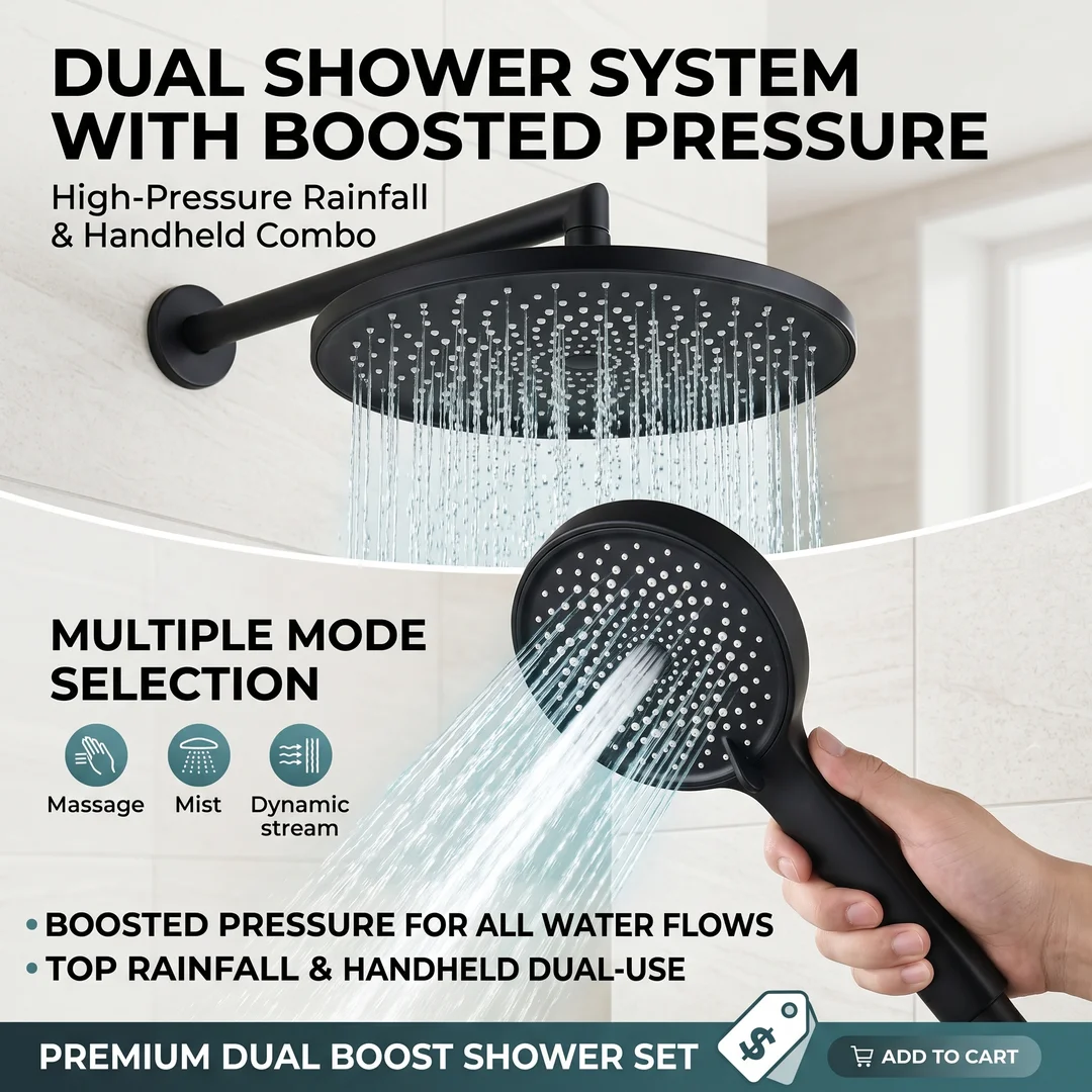 Pressurized High Pressure Matte Black Shower Combo, Handheld Sprayer + Large Rainfall Head
Pressurized High Pressure Matte Black Shower Combo, Handheld Sprayer + Large Rainfall Head