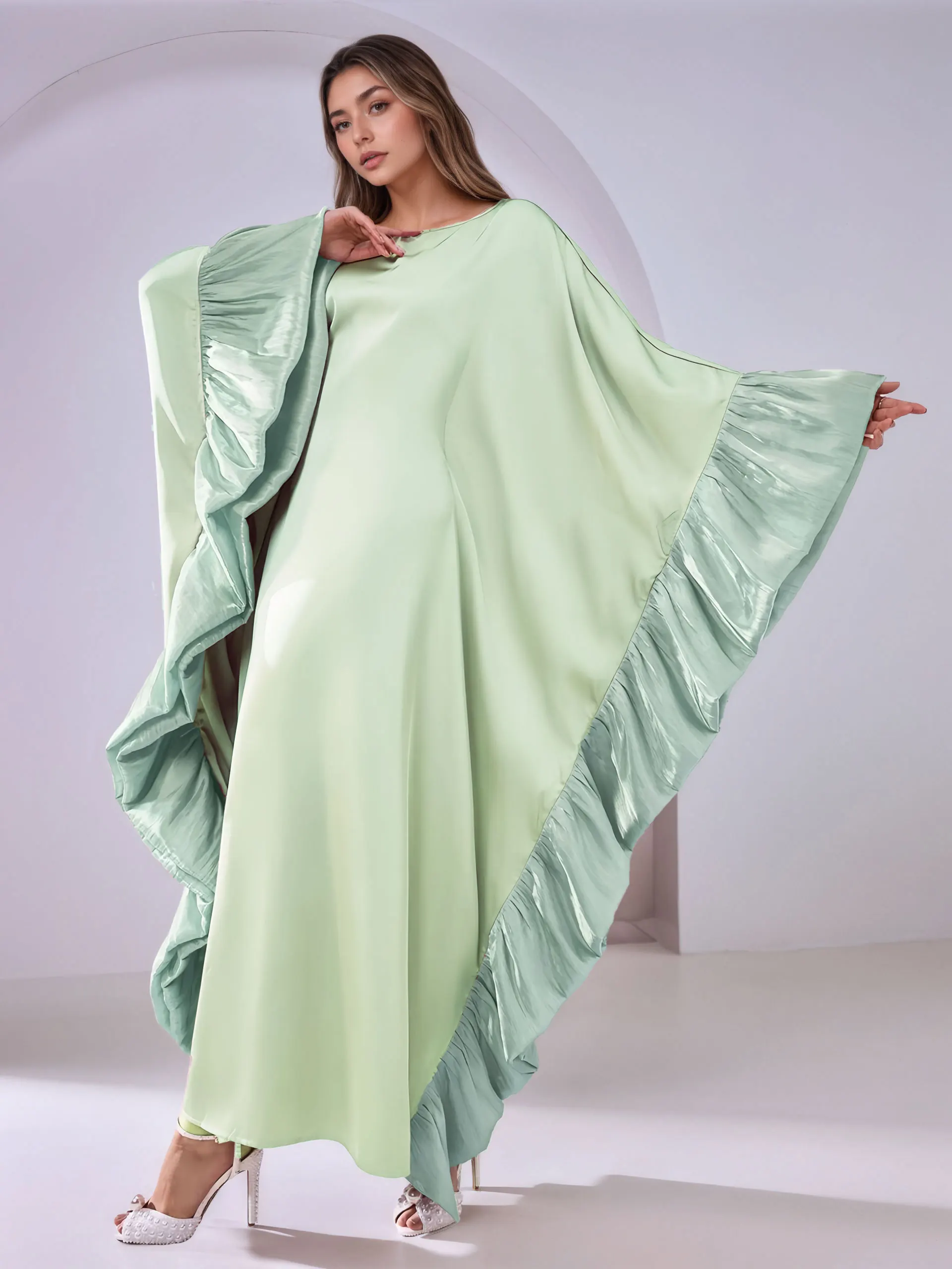 Мусульманская женская светло-зеленая Абая с рюшами на рукавах, длинный халат для исламской скромной модной одежды, молитвы, свадьбы, религиозных мероприятий
Мусульманская женская светло-зеленая Абая с рюшами на рукавах, длинный халат для исламской скромной модной одежды, молитвы, свадьбы, религиозных мероприятий