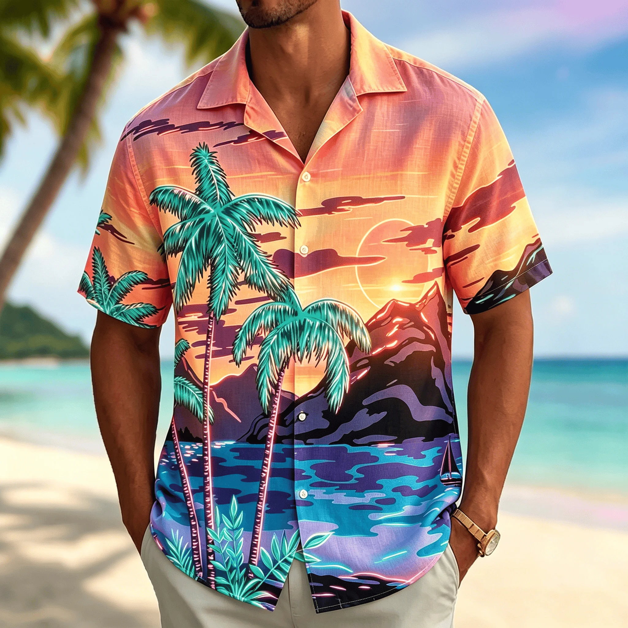 Men's Neon Sunset Palm Print Short Sleeve Shirt, Vaporwave Hawaiian Beach Landscape Casual Button Down for Spring & Summer
Men's Neon Sunset Palm Print Short Sleeve Shirt, Vaporwave Hawaiian Beach Landscape Casual Button Down for Spring & Summer