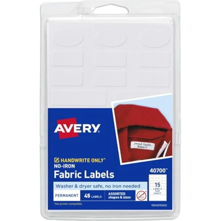 No-Iron Fabric Labels, Assorted Shapes and Sizes, Washer and Dryer-Safe Waterproof Labels, Non-Printable, 45 Total 40700
No-Iron Fabric Labels, Assorted Shapes and Sizes, Washer and Dryer-Safe Waterproof Labels, Non-Printable, 45 Total 40700