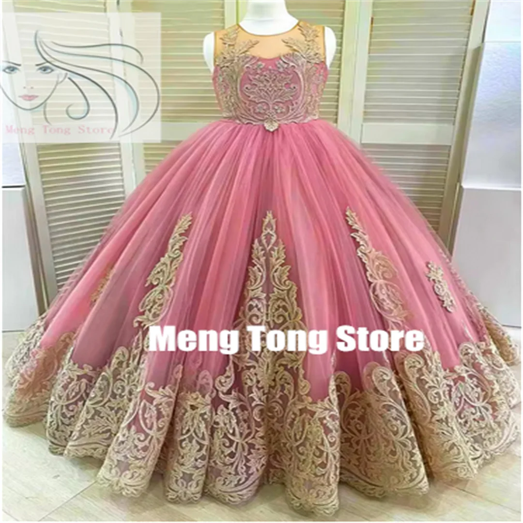 Customized Flower Girl Dresses For Wedding Gold Lace Puffy Princess Sleeveless Floor Length Kids Birthday Party Dress 
Customized Flower Girl Dresses For Wedding Gold Lace Puffy Princess Sleeveless Floor Length Kids Birthday Party Dress