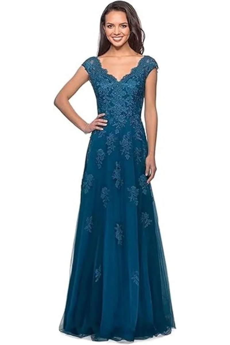 Women's Lace Appliques Mother of The Bride Dresses for Wedding V Neck Cap Sleeves Long Tulle Formal Evening Prom Dress
Women's Lace Appliques Mother of The Bride Dresses for Wedding V Neck Cap Sleeves Long Tulle Formal Evening Prom Dress
