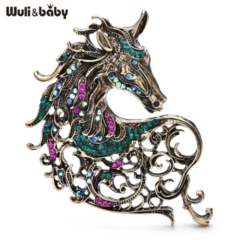 Wuli & baby vintage oco para fora bonito unicórnio cavalo broche multi cor cristal crina metal crachá pino jóias acessório